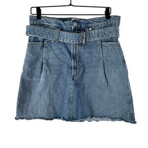 AGolde Denim Mini Skirt Belt Paperbag Cinched Waist Raw Hem 100% Cotton 27